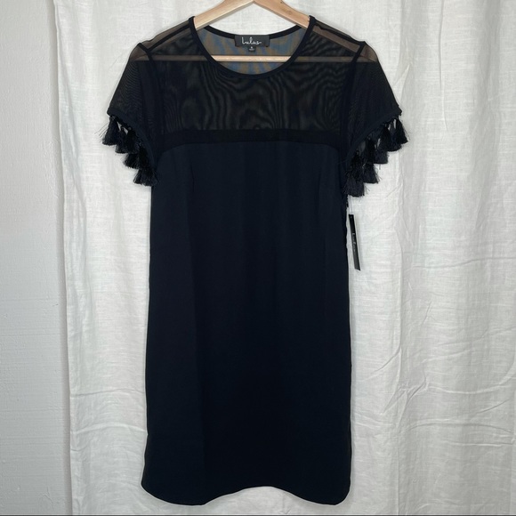 Lulus Iced Latte Black Tassel Mini Dress Sheer Short Shift - Picture 11 of 12